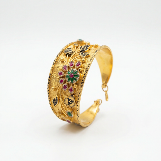 Antique Floral Gold-Tone Cuff 92.5 Silver Bangle with Multicolor Stone Work