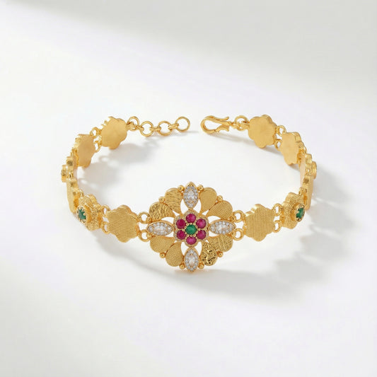 Traditional Gold-Tone Floral 92.5 Silver Bracelet with Stone & Enamel Detailing